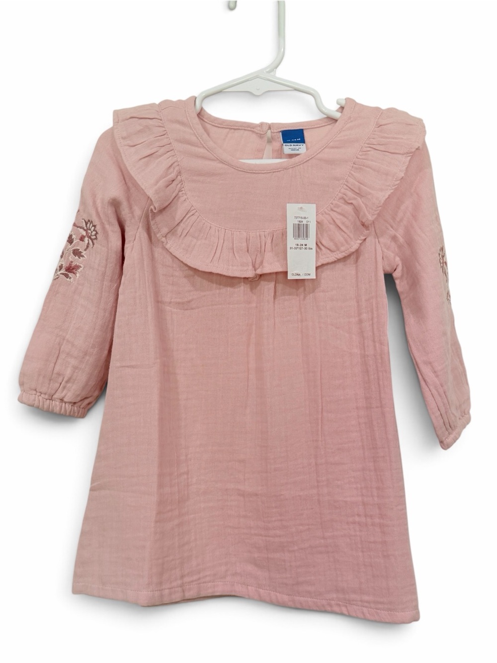 Girl’s Pink Ruffle Neck Dress with Embroidered Sleeves